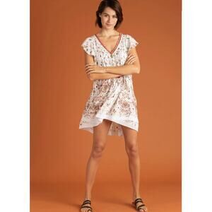 POUPETTE ST BARTH Mila Mini Dress White Rombo Print V Neck Tassel Tie Size XS